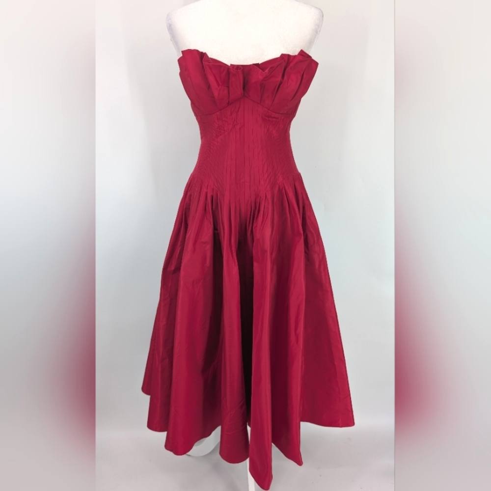 Rickie Freeman for Teri Jon 100% Silk Red Strapless Pleated Formal Midi Dress 4